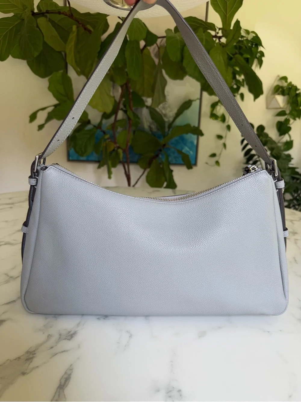 Tory Burch Thea Zip Top Leather Shoulder Bag Misty Cloud Gray